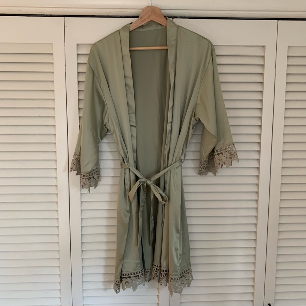 Sage Green Satin Robe with Lace Detail
